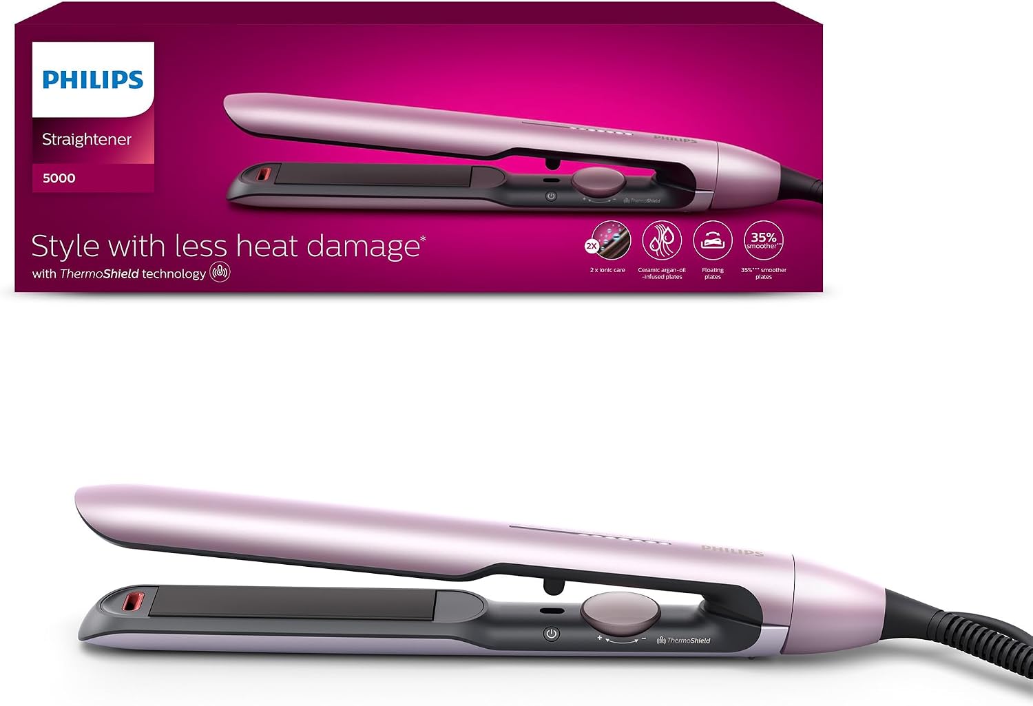 Philips Prostownica do włosów z serii 5000, technologia ThermoShield, jonizacja, wałki pokryte powłoką ceramiczną wzbogaconą olejem arganowym, jasnoróżowy, model BHS530/00