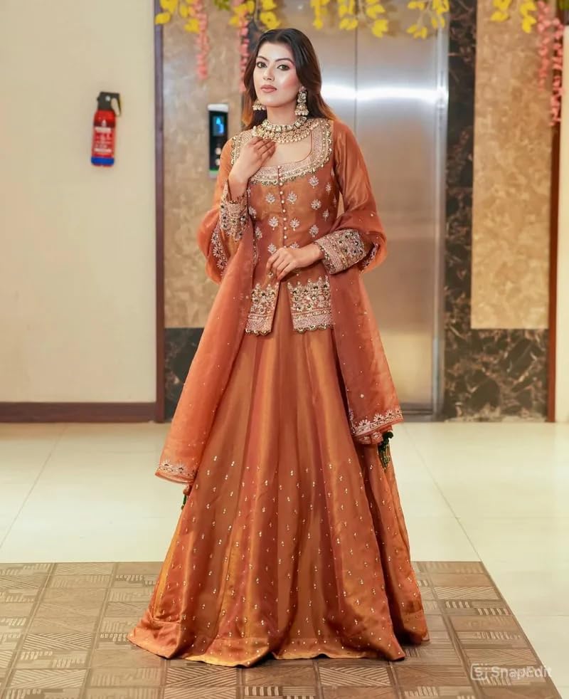 Image of Suppar Sleave Women's Chanderi Silk Embroidered Kurta Set with Lehenga Style Bottom & Dupatta | Bollywood Style Embroidery lehenga Choli Set For Woman