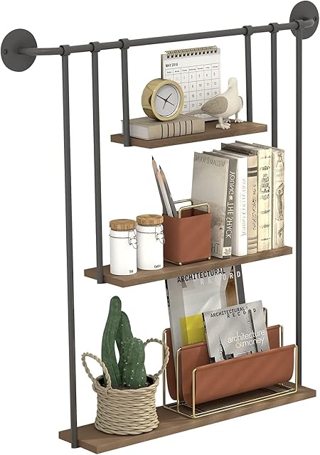 Industrial Floating Shelf Wall Mounted, Rustic Hanging Book Shelf for Wall, Swing Display Shelf for Wall with Iron Frame, 3 Tier Wall Shelf for Bedroom, Storage Shelves for Living Room, Bathroom