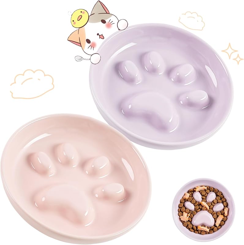 Comedouro lento de cerâmica para gatos STAOVA com labirinto floral e borda elevada, 2 unidades