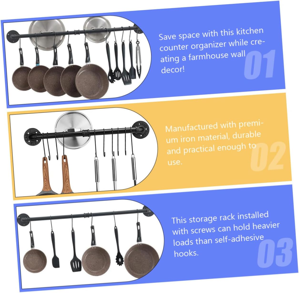 Wall Mounted Kitchen Pot Rack with Hooks, Iron Utensil Holder Rail 13x60cm Industrial Hanging Pan Storage for Cooking Space Organization