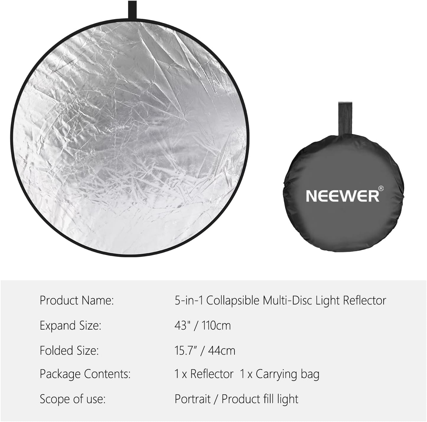 Neewer 43 cale 110 cm reflektor światła 5 w 1 składany multiDisc z torbą – prześwitujący srebrny złoty biały i czarny do fotografii studyjnej i oświetlenia zewnętrznego