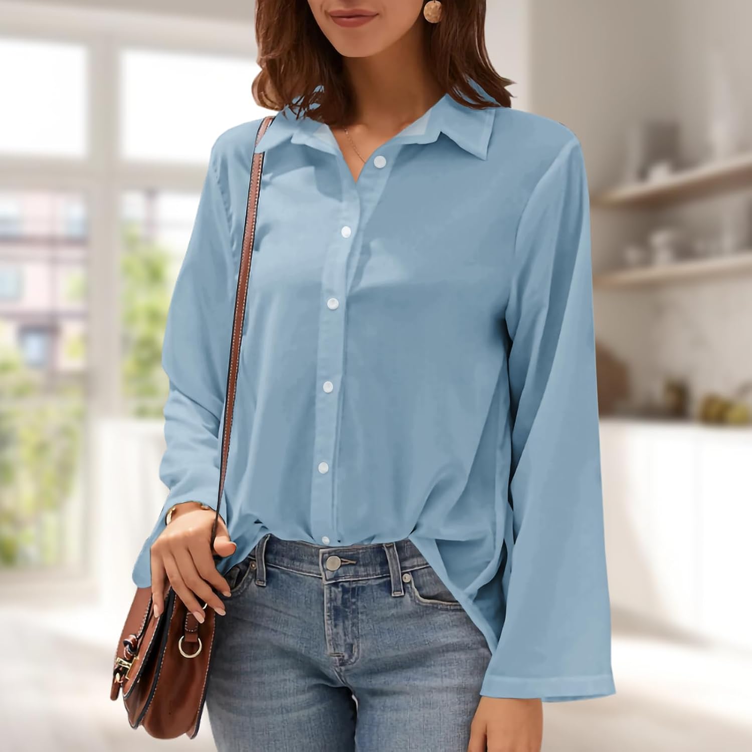 Dress Shirts for Women Boho Long Sleeve V Neck Classic Button Down Collared Outfits Soild Oversized Beach Top - Image 2