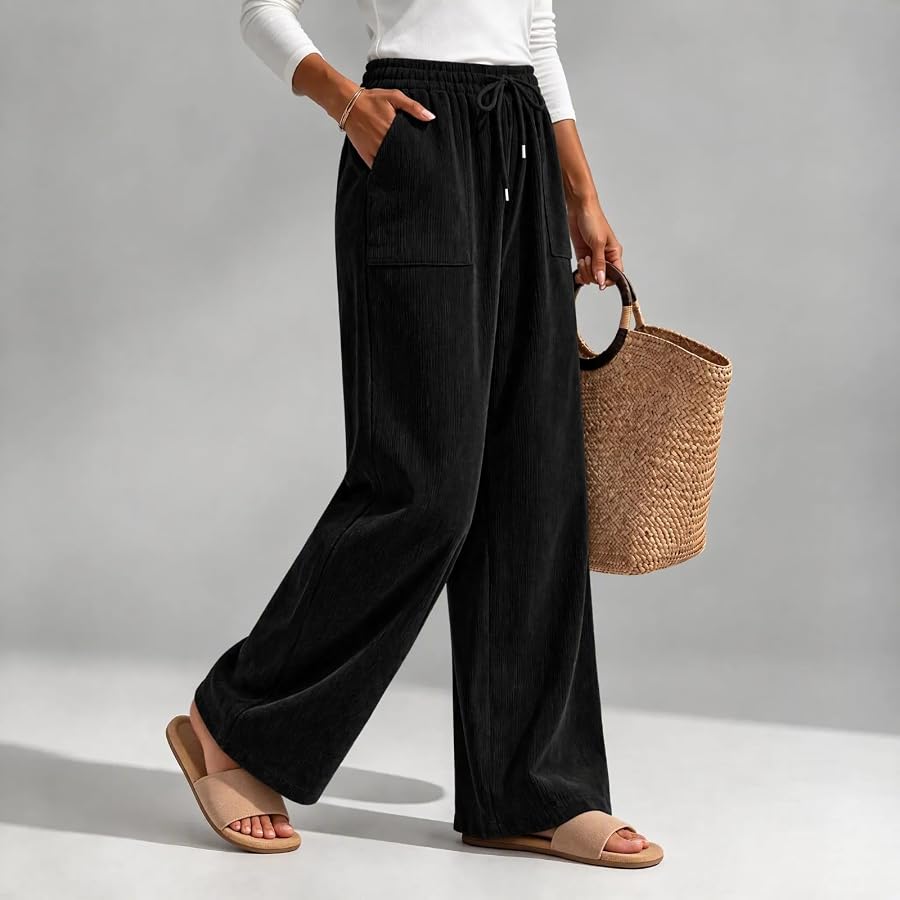Hosen Damen Cordhose Weites Bein Cord Jogginghose Herbst Winter Damenhosen | Guhmomh Schwarz L Sporthose Freizeithose Elegante Stoffhose Warm Freizeithose Bequeme Arbeitshose Lockere Joggpants Lang Hose, Bild 3