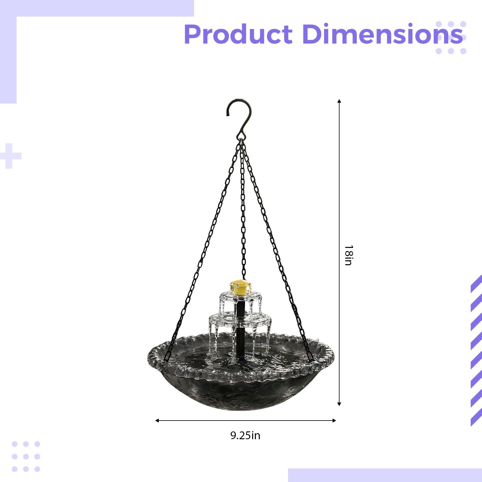 Fontana solare da appendere per uccelli a cascata, vasca per uccelli sospesa con pompa solare e 6 ugelli, fontana decorativa a colibrì per esterni, giardino, cortile, patio, design a cascata, grigio