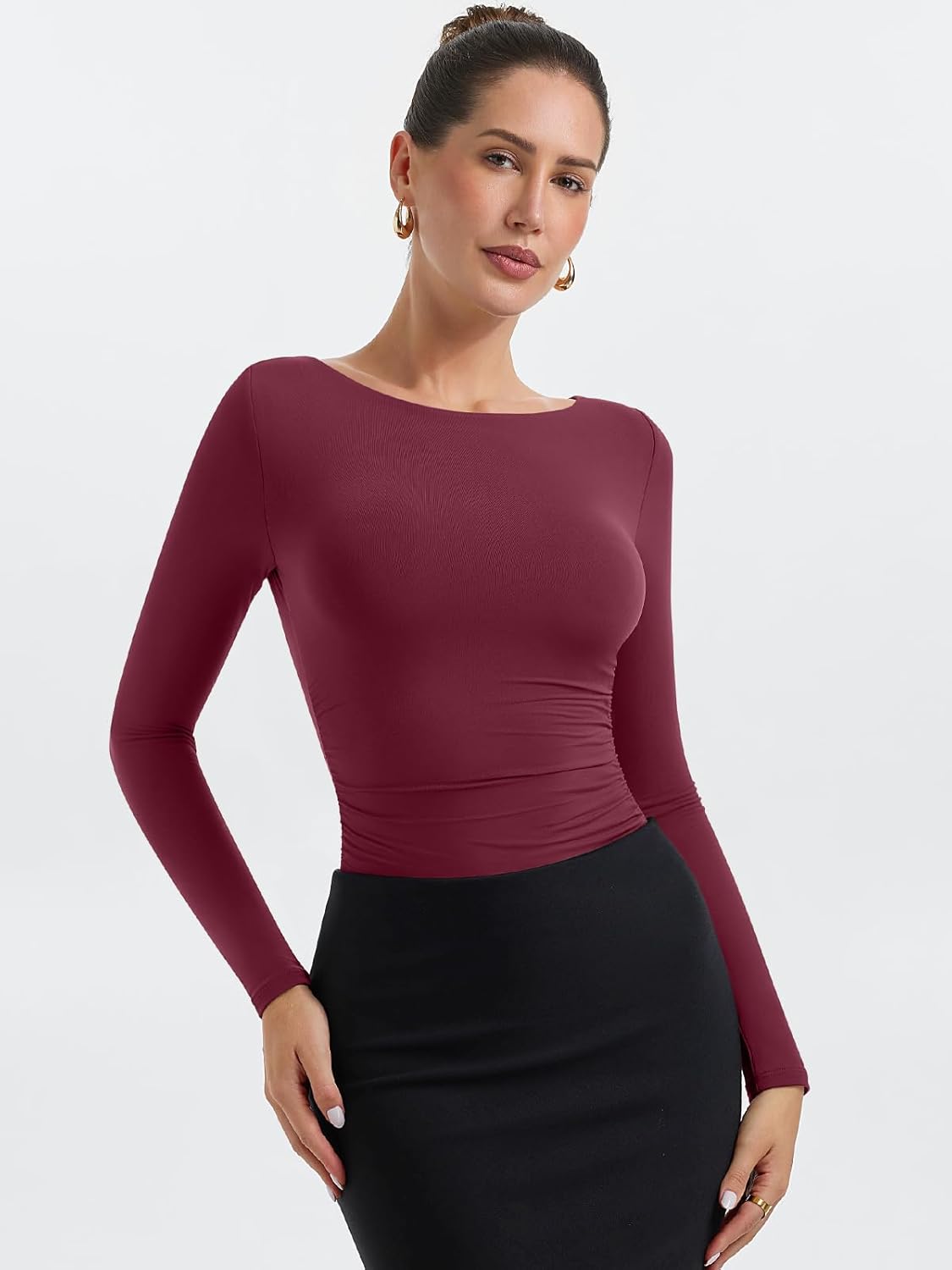 PINKMSTYLE Women Open Back Long Sleeve Bodysuit Boat Neck Double Lined Tops Slim Fit Ruched Backless Going Out Y2K Body Suit - Image 4