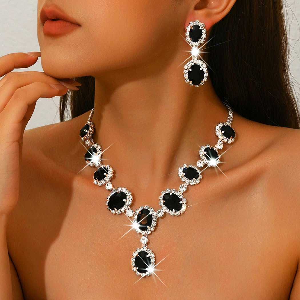 ACEDRE Black Rhinestone Wedding Jewelry Set Crystal Bridal Prom Necklace and Earrings Sets for Women - Image 3