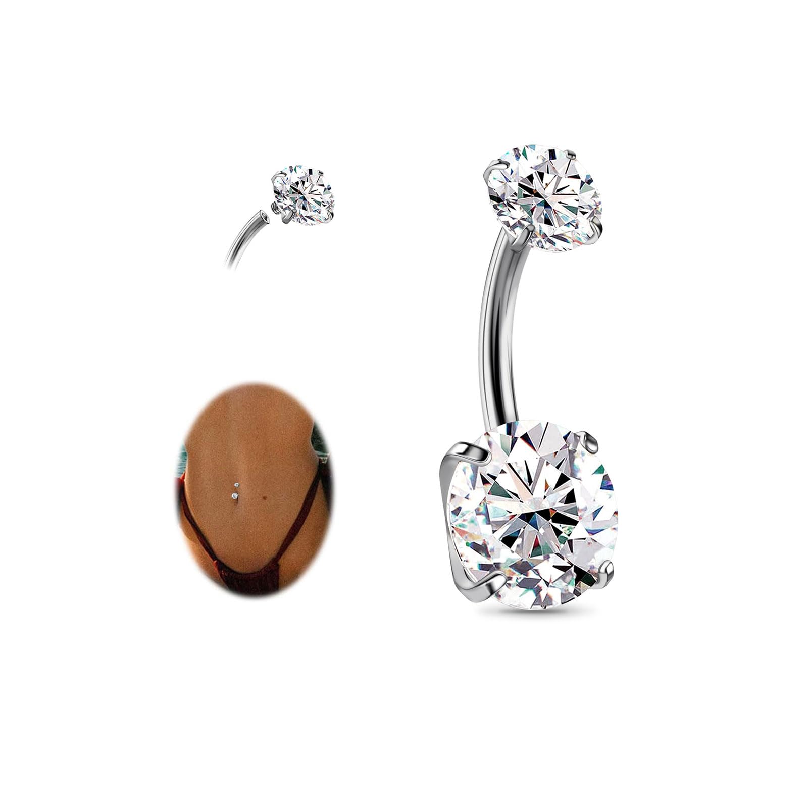 JESMODA 1PC G23 Titanium Belly Button Rings 14G 1.6MM Round Cubic Zirconia Belly Rings 6 Sizes of Length to Choose Navel Barbell Belly Piercing