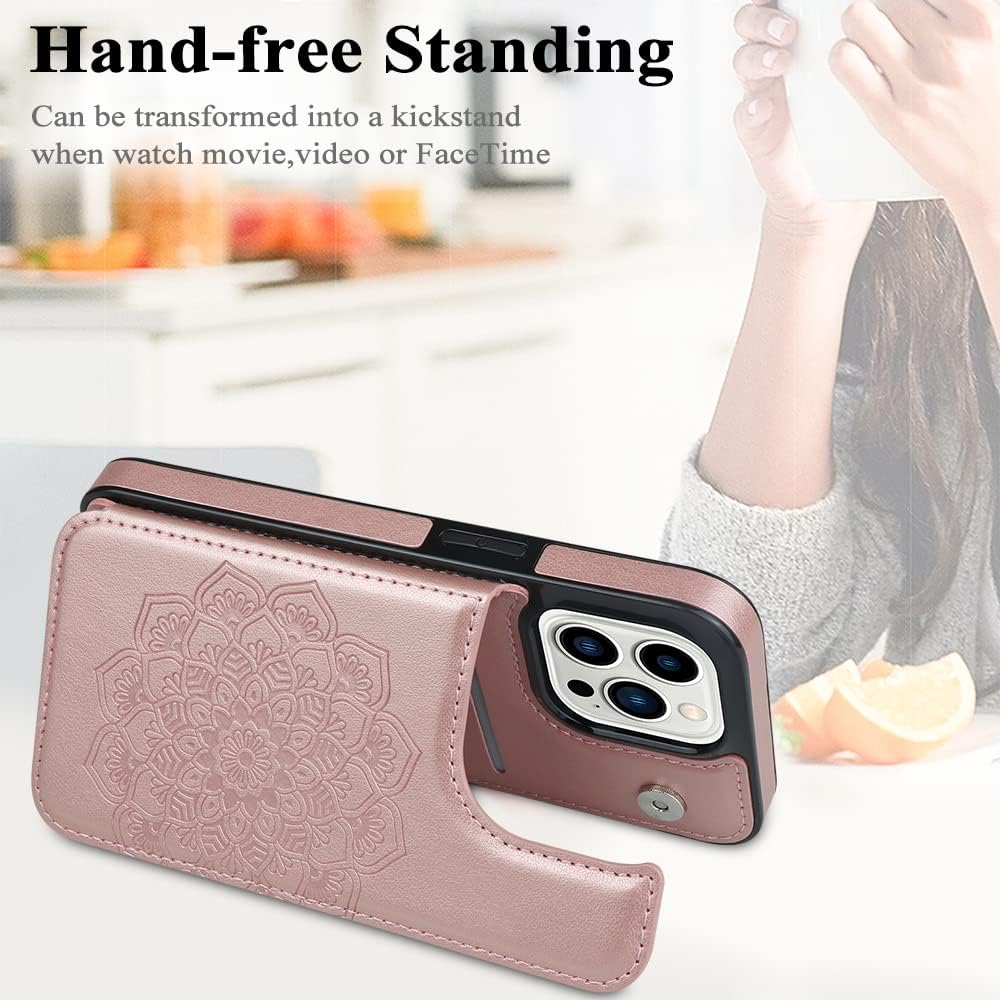 MMHUO for iPhone 15 Pro Case with Card Holder,Flower Magnetic Buttons Protective Wallet Case for Women for iPhone 15 Pro,Rose Gold - Image 5