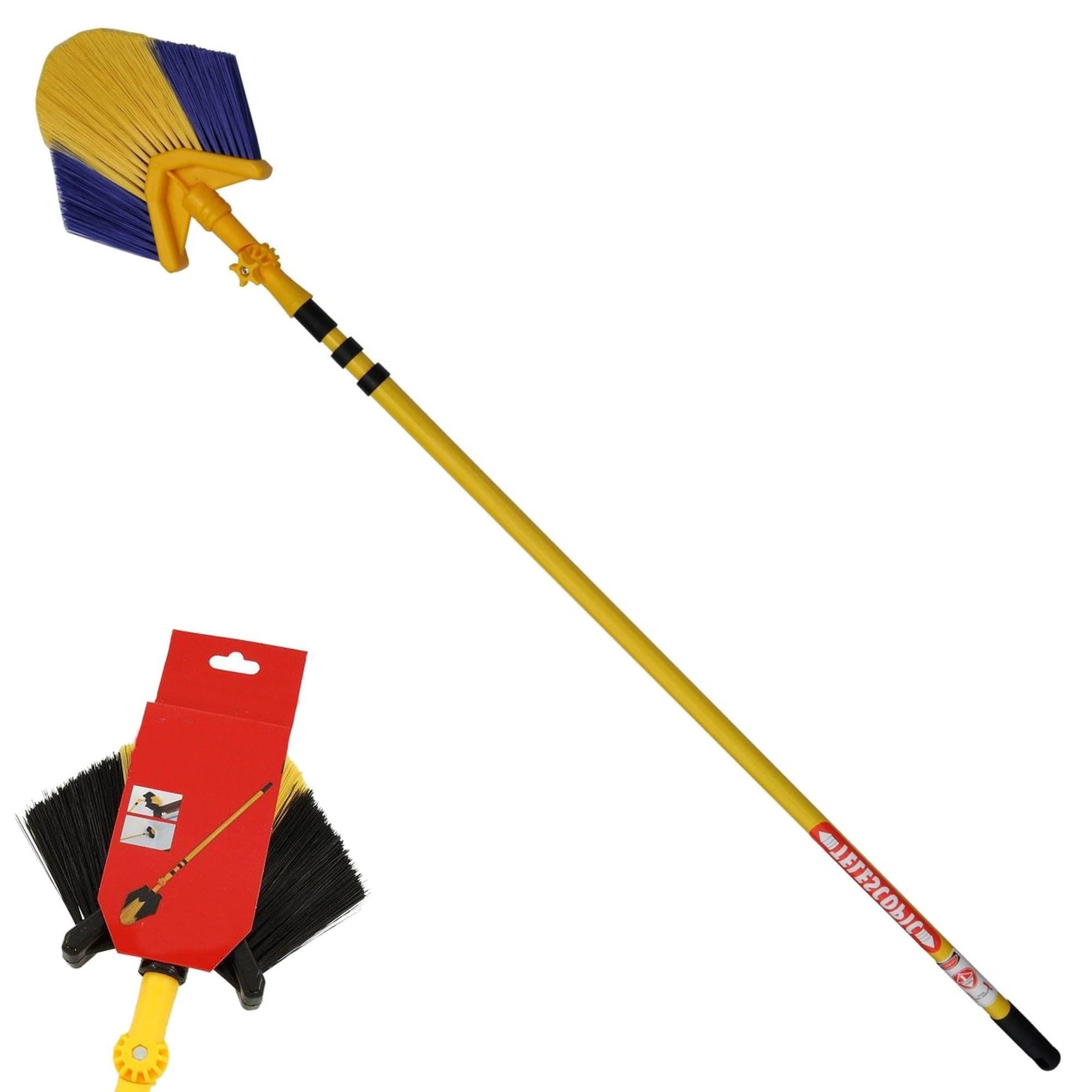 Retaaj Blue, Yellow, Black 3M Telescopic Angled Head Cobweb Brush With Extending Long Handle Feather Duster Cleaner For Ceiling Indoor Corner Cleaning 180 Degree Swivelling