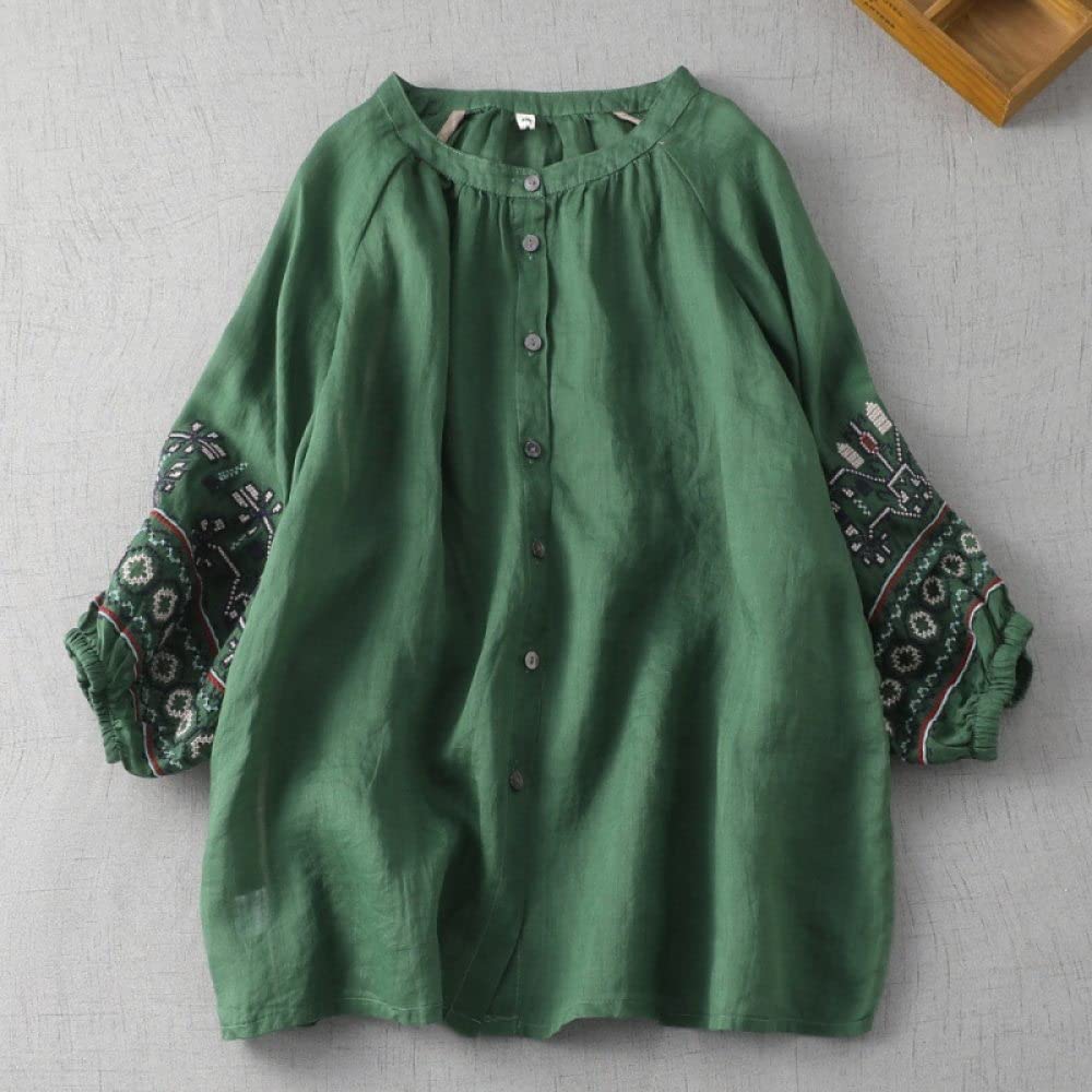 MIDJ Tops Für Damen,Damen Leinenbluse Boho Stickerei Sommer Kurzarm Shirts Grün Rundhals Basic Oberteile Lässig Elegant Bluse T-Shirt Lose Bluse Tunika Sweatshirt Oberteile Für Frauen