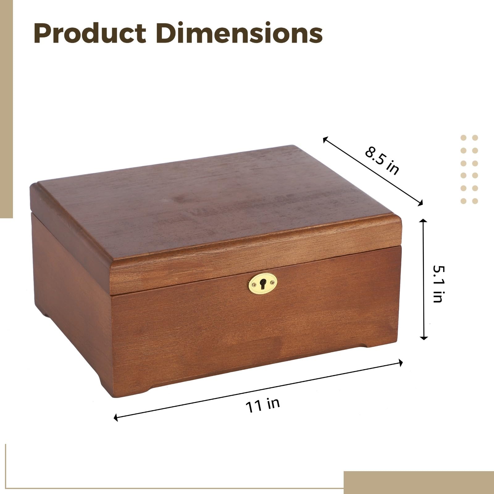 Caja de almacenamiento de madera para recuerdos, 11 x 8.5 x 5.1 pulgadas, caja de madera decorativa con cerradura y llave, organizador de tapa abatible con bisagras para joyas, fotos, objetos