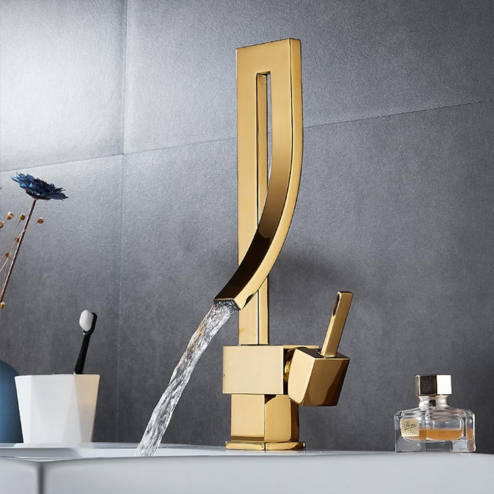 Rubinetto Lavabo Rubinetto Bagno Alto, Stile Moderno Ottone Monocomando Miscelatore Bagno Girevole A 360°, Miscelatore Lavabo, Oro