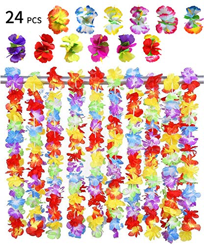 BigLion 24 Pièces Hawaïenne Fleurs Set, Hawaienne Hula Luau Leis Colliers Fleurs hawaïens Guirlandes Hawaïennes Pince Cheveux Fleurs d'hibiscus Hawaiian Tropical Plage Thème Parti Fournitures Faveurs