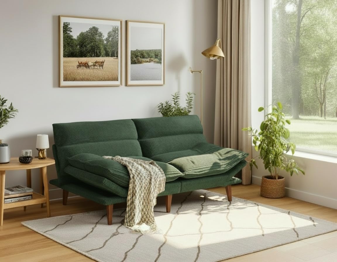 Amada Convertible Futon Sofa Bed - Corduroy Loveseat with Adjustable Backrest & Armrests, Thickened Seat Cushion, Small Space Sleeper Couch for