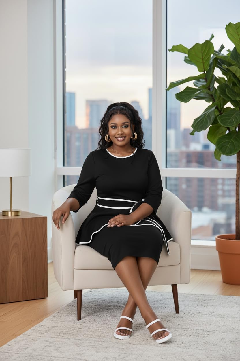 FANDEE Plus Size Women's Church Dresses Vintage Bodycon Elegant 3/4 Sleeve Pencil Dress - Image 4