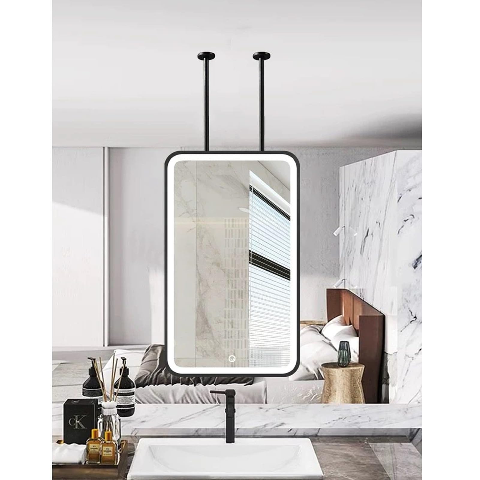Ambiente de spa en casa con el espejo de baño LED inteligente negro de 50x90 cm