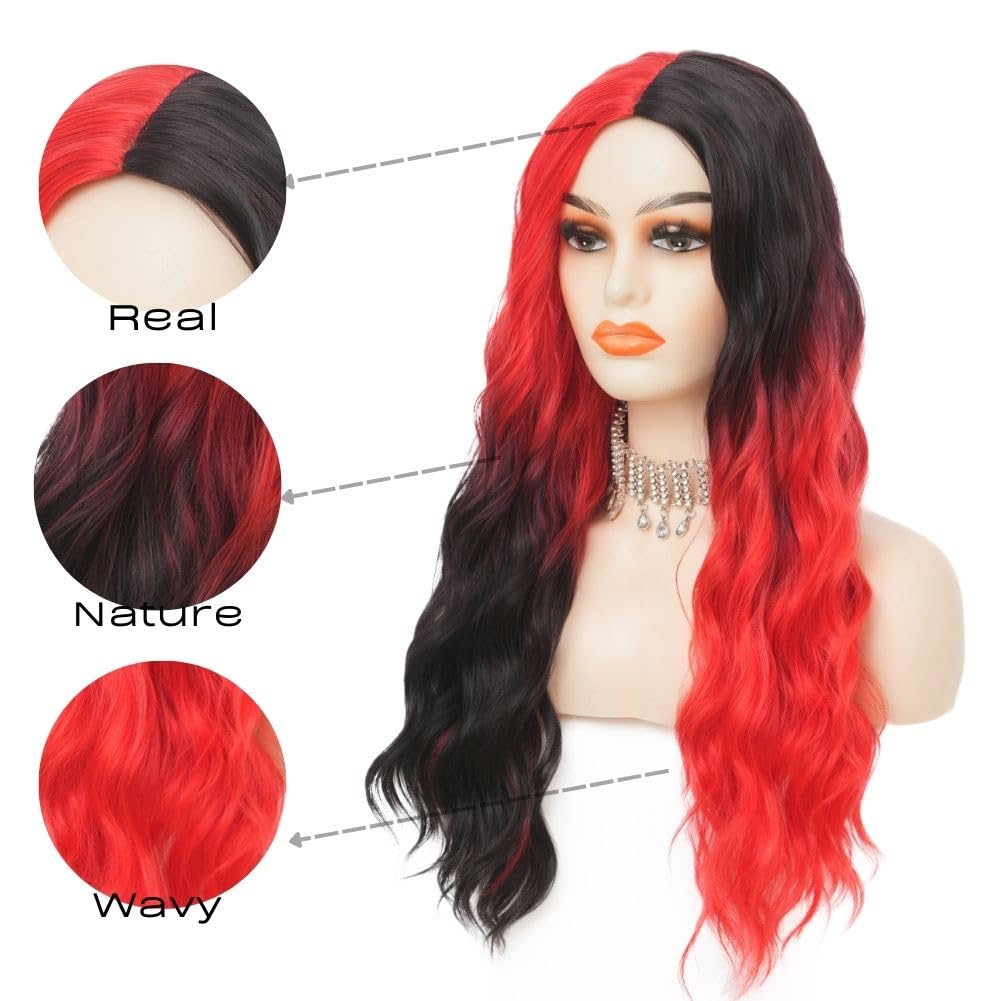 Siudus Red and Black Wigs for Women Long Curly Wavy 27 Inch Hair Wig Synthetic Natural Two Tone Middle Part Wig for Halloween Cosplay Use (Red Black) - Image 4