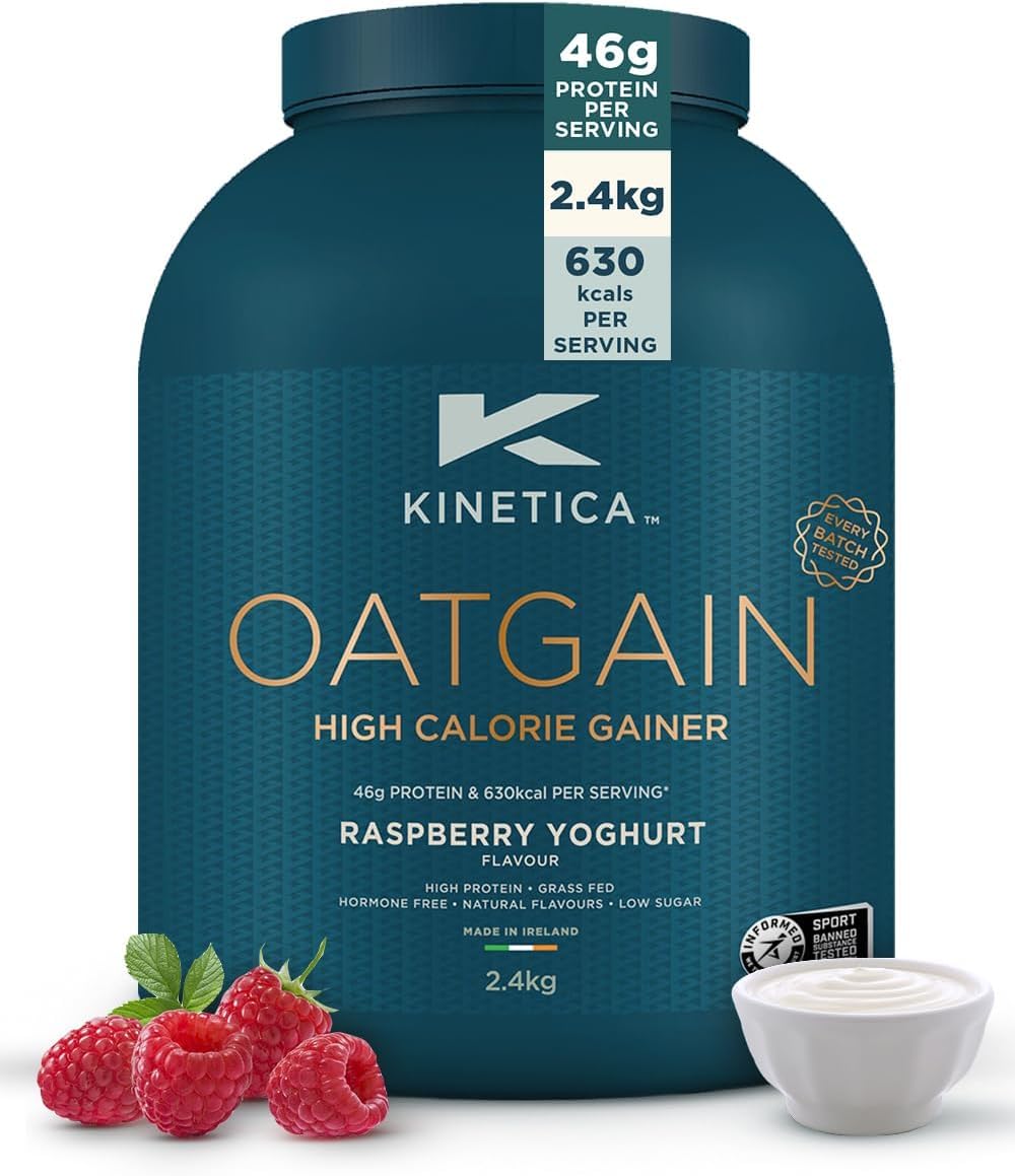 Kinetica Oatgain, Weight Gainer, Yaourt Framboise, Protéines en poudre pour renforcement musculaire, 15 Portions, 600+ kcals, protéines de lactosérum de l’UE, 13 Vitamines, pot de 2,4kg