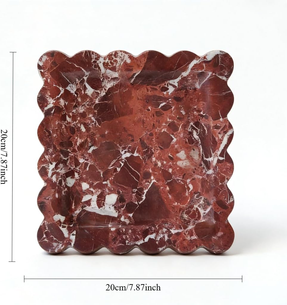 Decorative Marble Vanity Tray, Square with Scalloped Edge, Purple Red and White, Jewelry and Home Decor Organizer (Purple red)