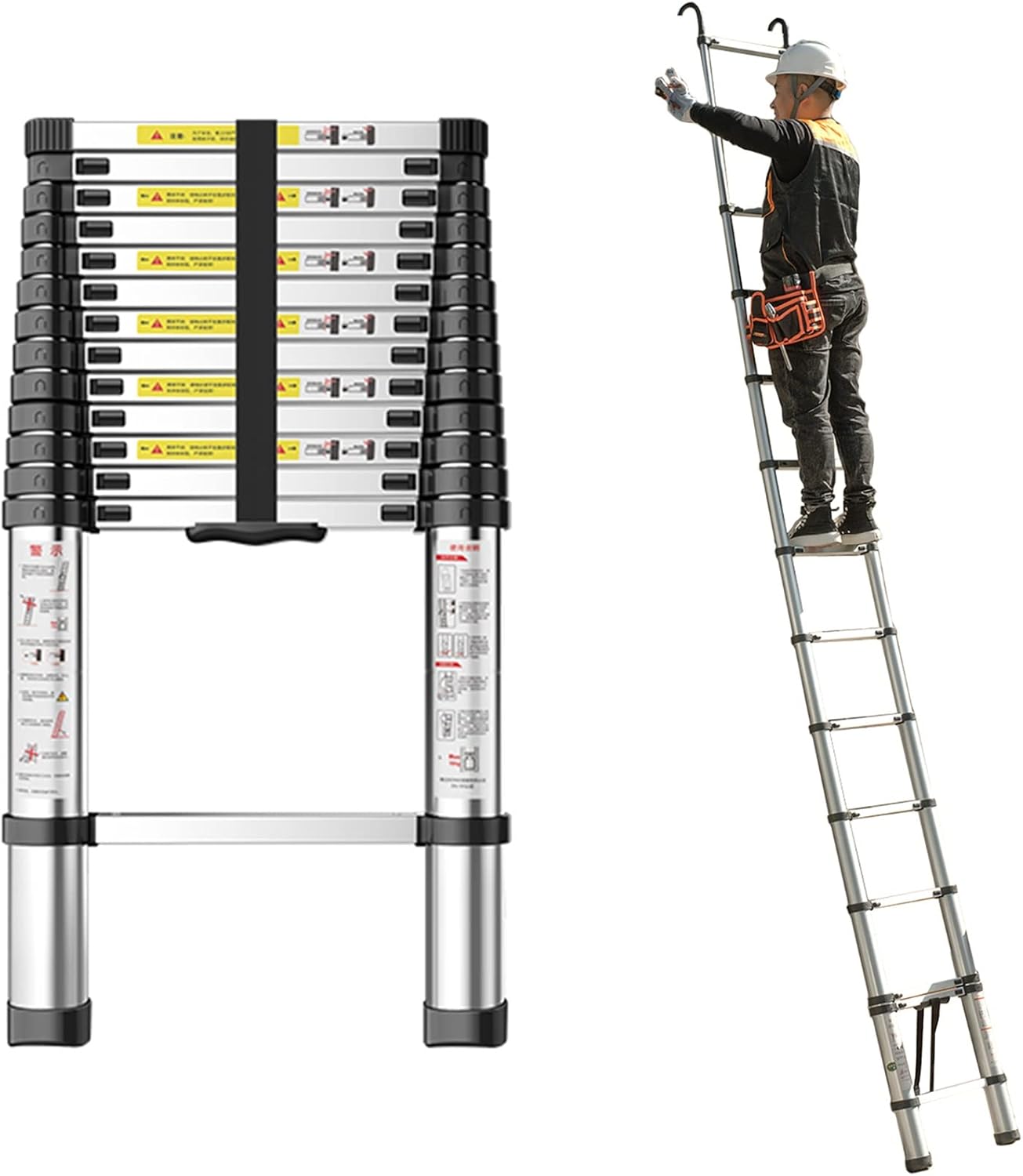Telescopic Ladder Indoor/Outdoor Telescopic Ladder with Detachable Hooks, Lightweight Extension Telescoping Ladder for RV/Stairs/Loft, Aluminum Climbing Ladder (Size : 2.10FT/7.5ft)