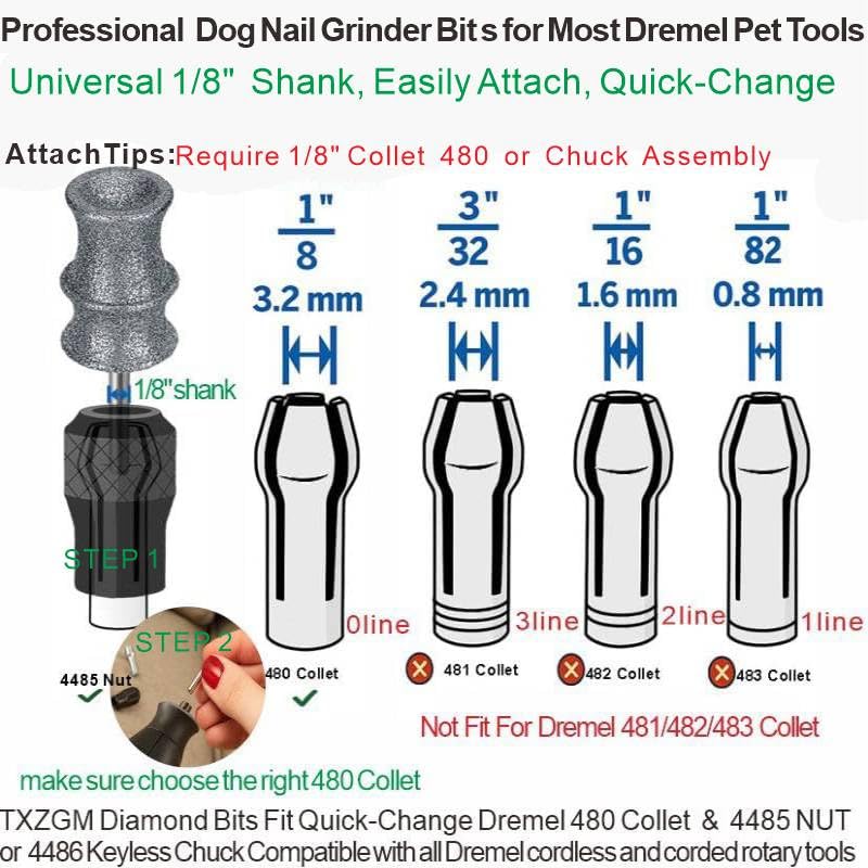 Image of Diamond Dog Nail Grinder Bit Compatible with Dremel 7760 7350 & More, 1 /8'' Stress-Free Replacement Head Attachment, Ideal for Medium, Large & Extra Large Dogs, Thick Nail Grooming, 2-Pack | 1 /8 inch Diamond Bit for Dog Nails for Dremel, Safe Nail Trimming, Smooth for Thick Nails