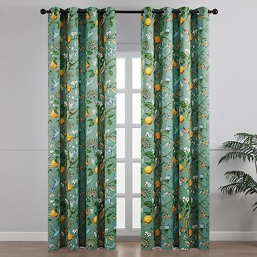 Image of Topfinel 80 Inches Long Custom Sage Green Luxury Curtains for Living Room Bedroom, Blackout Vintage Victorian Curtains Floral Lemon Hummingbird Printed Grommet Drape 80 Inch Length
