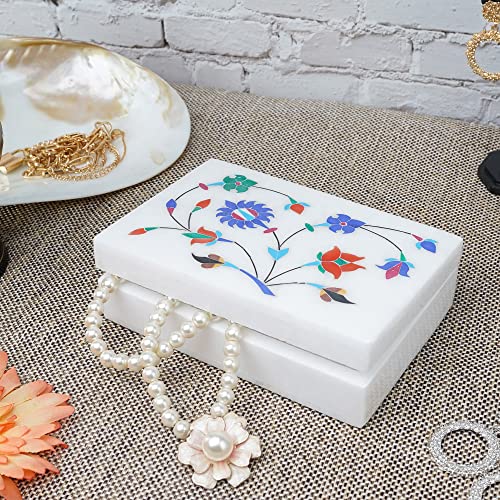 Crocon White Alabaster Marble Jewellery Box With Multi Color Blue Flower Design For Women Dressing Table Decor Handmade Jewelry Box Best Gift Set For Women, Mother, Size-6X4 Inch #TOP4