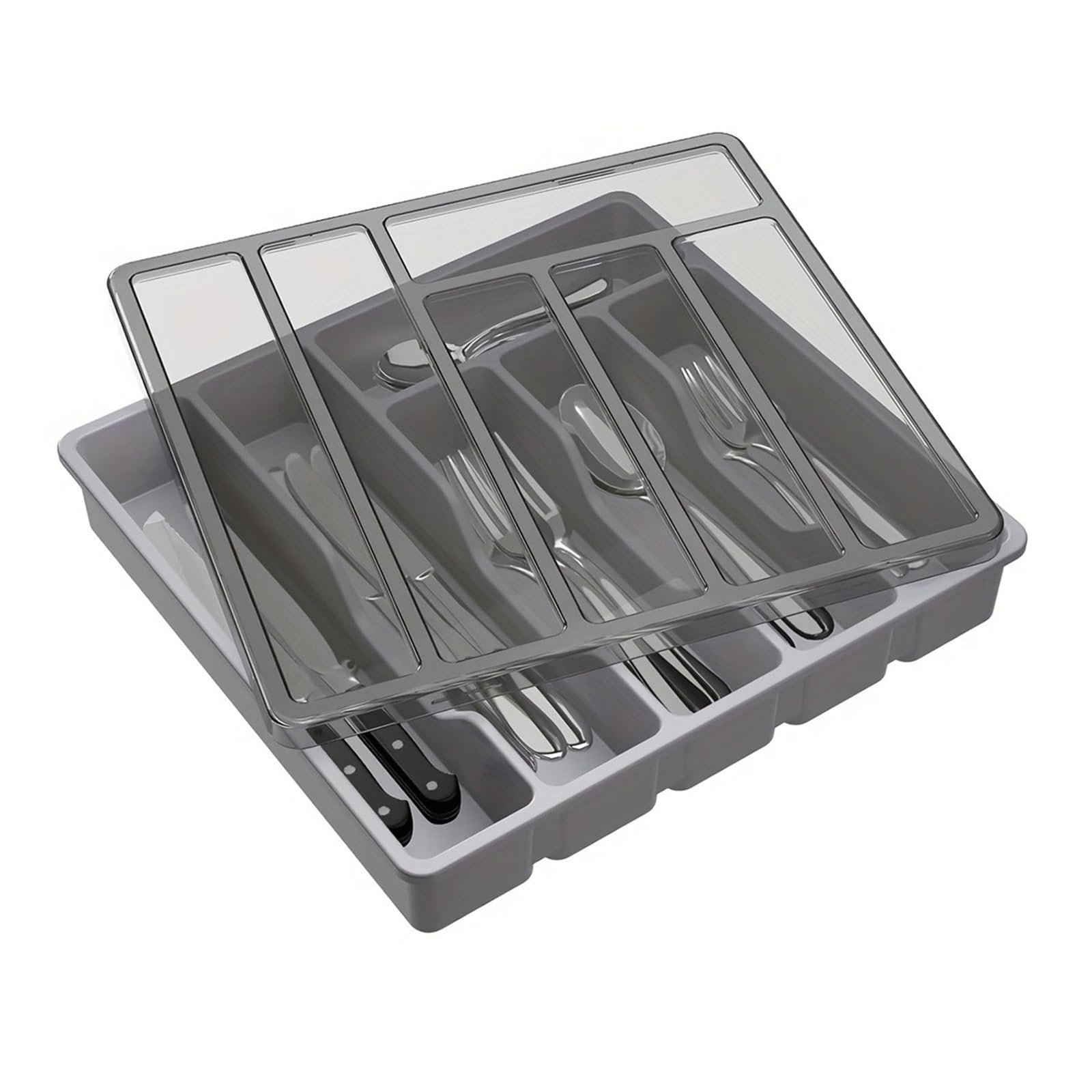 UBOHUZ 2PCS Silverware Organizer With Lid, Covered Utensil Tray For Kitchen Drawer And Countertop, Plastic Cutlery And Flatware Storage Box for Spoons Forks Knives(Red)