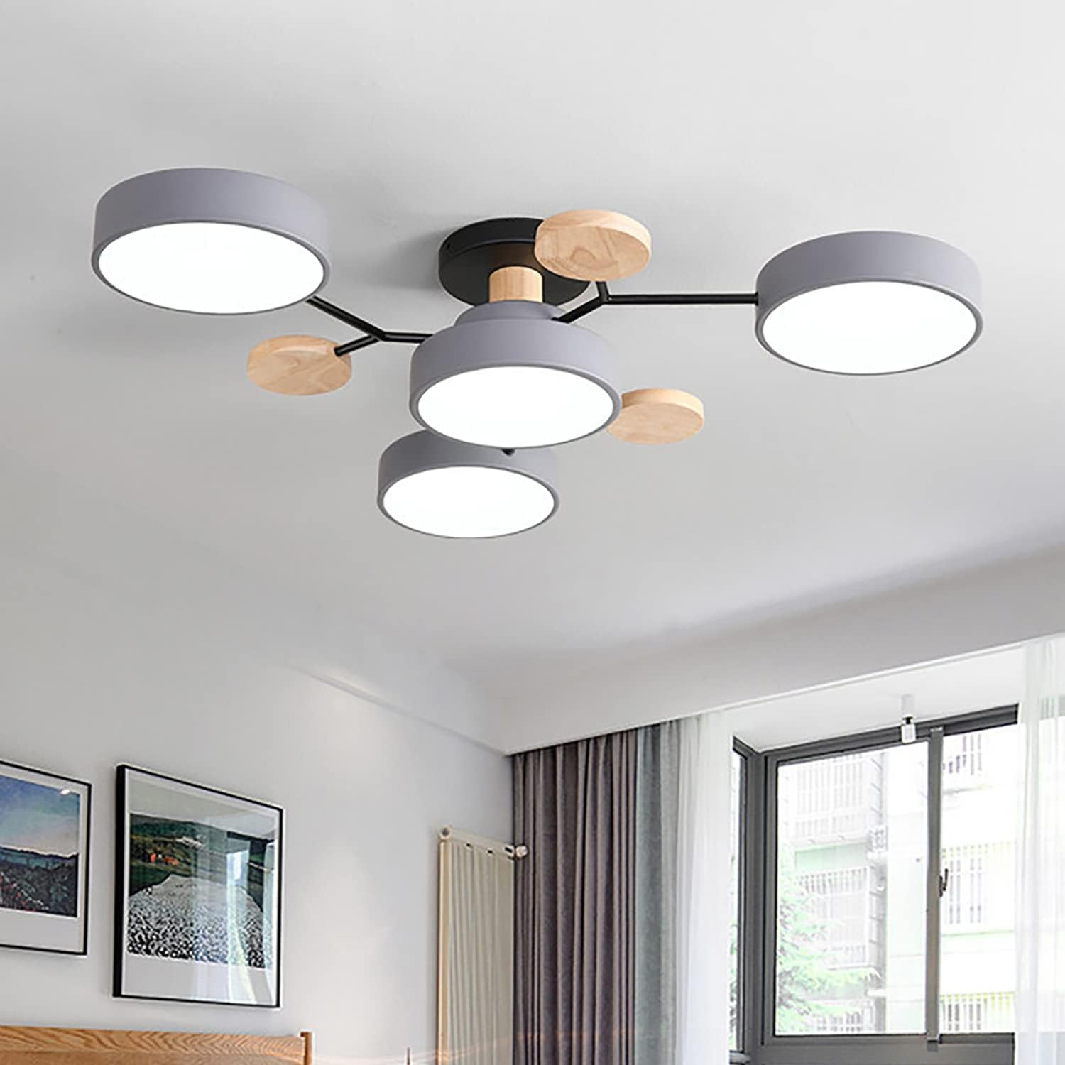 Dimmable LED Ceiling Light Fixture,26 Inch 4-Lights Modern Ceiling Lights Flush Mount Wooden 32W Chandelier for Living Room Bedroom Kitchen,3000K/4000K/6000K Temperatures Selectable Grey