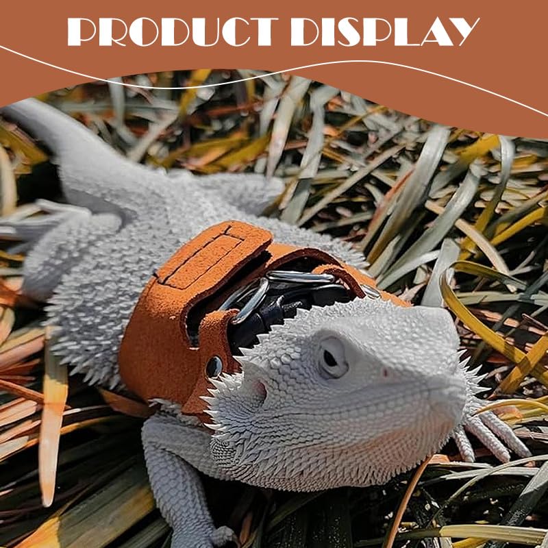 Image of Bearded Dragon Leash - 3 Sizes Pack Reptile Outing Adjustable Soft Leather Lizard Harness with Retractable Leash Small Animal Traction Rope Walking Vest Accessories for Bearded Dragon Leash(Camel)