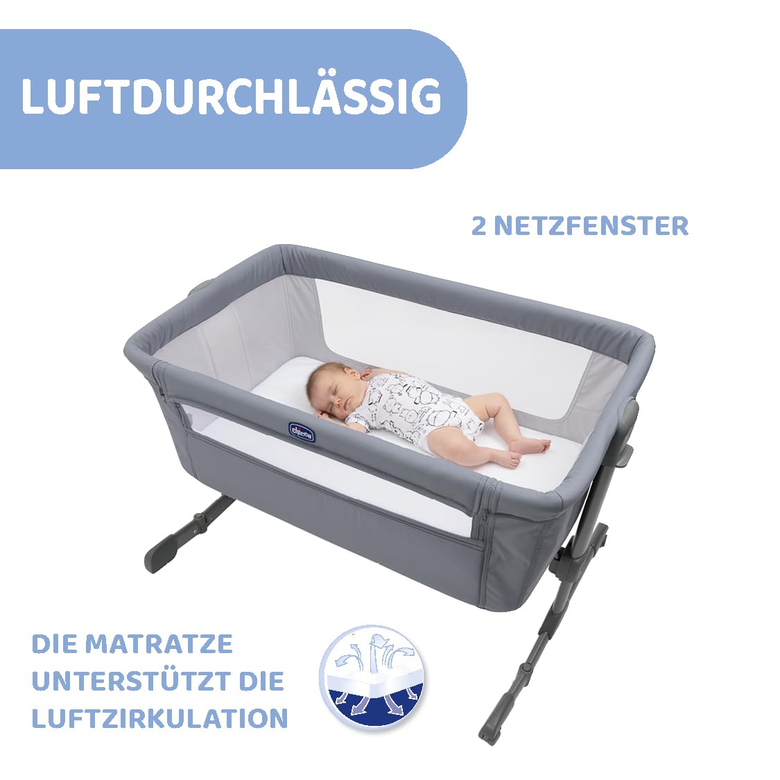Chicco Next2Me Essential Beistellbett für Neugeborene, höhenverstellbar, Matratze inklusive, 0-6 Monate, Grau