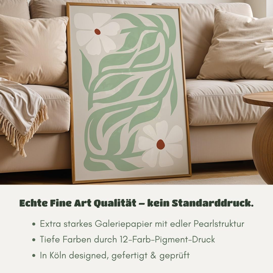 MJ-GRAPHICS® Blumen Poster Kunstdruck dekorativ Wandbild floral minimalistisch Weiß Grün Wohnzimmer Deko einladend erfrischend für stilvolles Ambiente A2 mit beigem Rahmen