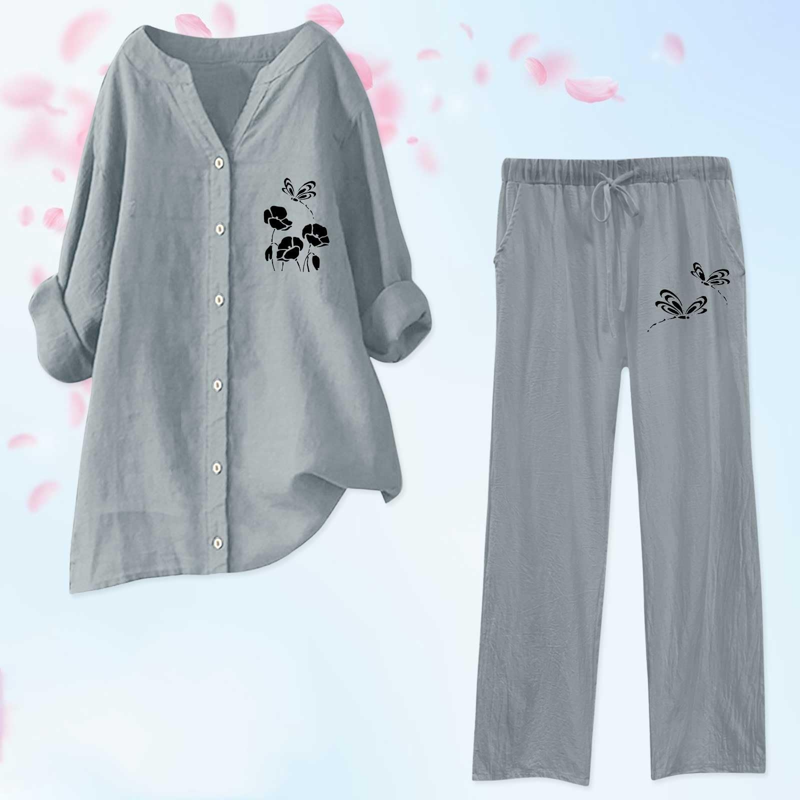 Hosenanzug Damen Hochzeit 2-teiliges Damen-Outfit, weites Bein, Bluse, Taschen, elastische Hose, lässiges V-Ausschnitt-Hemd, Hose, modische Streetwear Damen Zweiteiler Set Elegant Modisch Lässig
