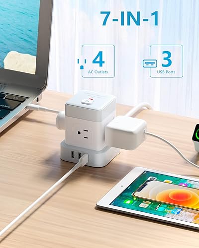 Miniatura 3 de Regleta de alimentación con USB baykul Flat Plug Extension Cord Cube con 4 tomacorrientes, 3 puertos USB, cable de alimentación de 5 pies, protector