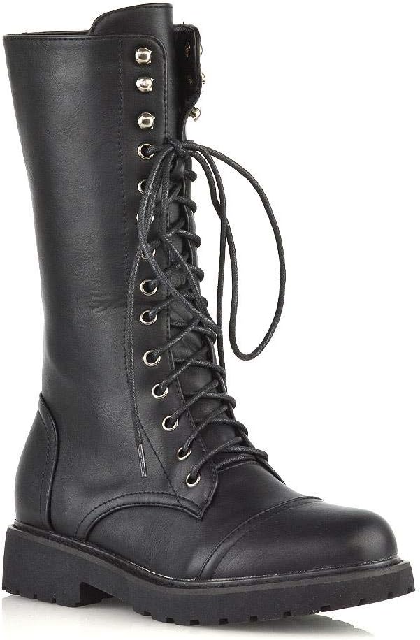 ESSEX GLAM Womens Lace Up Boots Ladies Black Synthetic Leather Mid Calf Combat Low Heel Platform Zipper Biker Goth Shoes 6 B(M) US