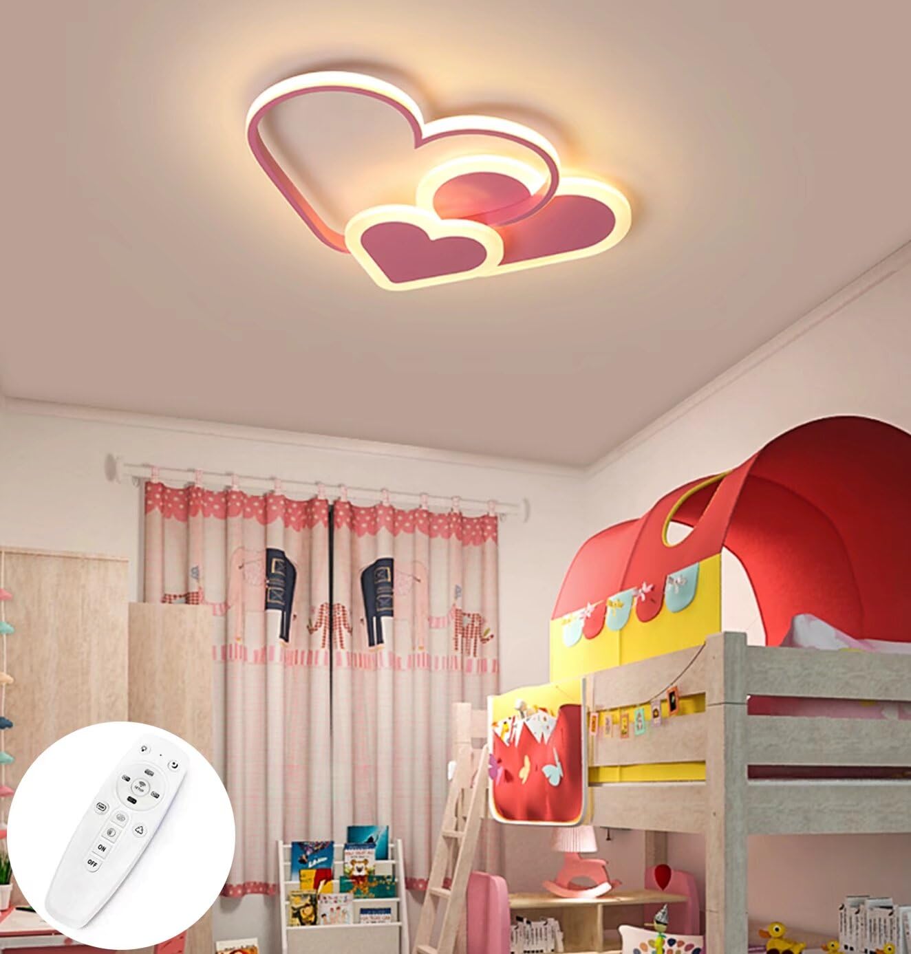 GUANSHAN 3D Ceiling Light Led Creative Hearts Intelligent Regulation Stepless Dimming Ceiling Lamp Lighting for Boys Girls Bedroom Kindergarten with Remote Control, 30W