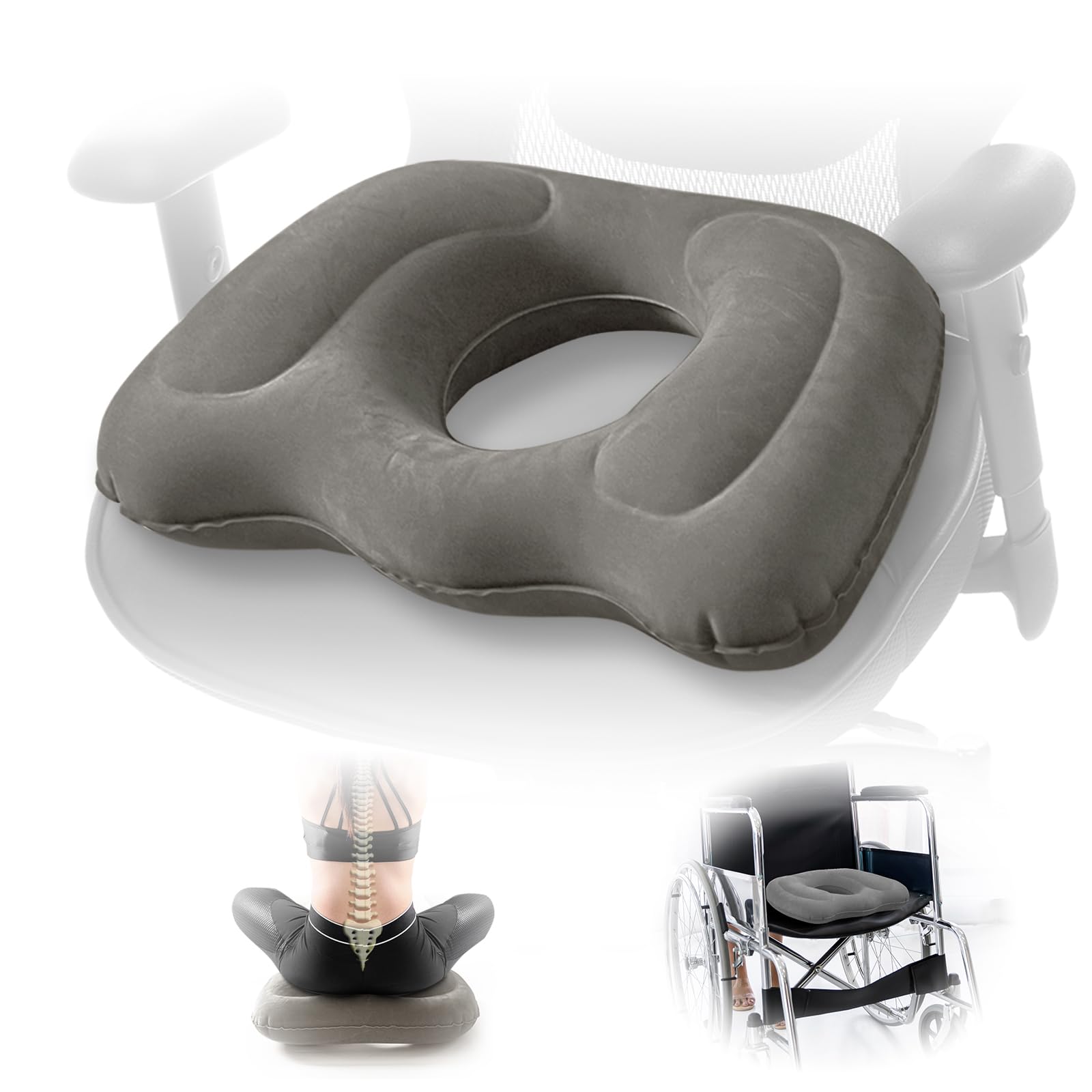 Inflatable Donut Seat Cushion for Tailbone Pain Relief – Coccyx Pillow for Office Chair, Car, Wheelchair & Post Surgery Comfort – Ergonomic Orthopedic Support Pillow for Home & Travel