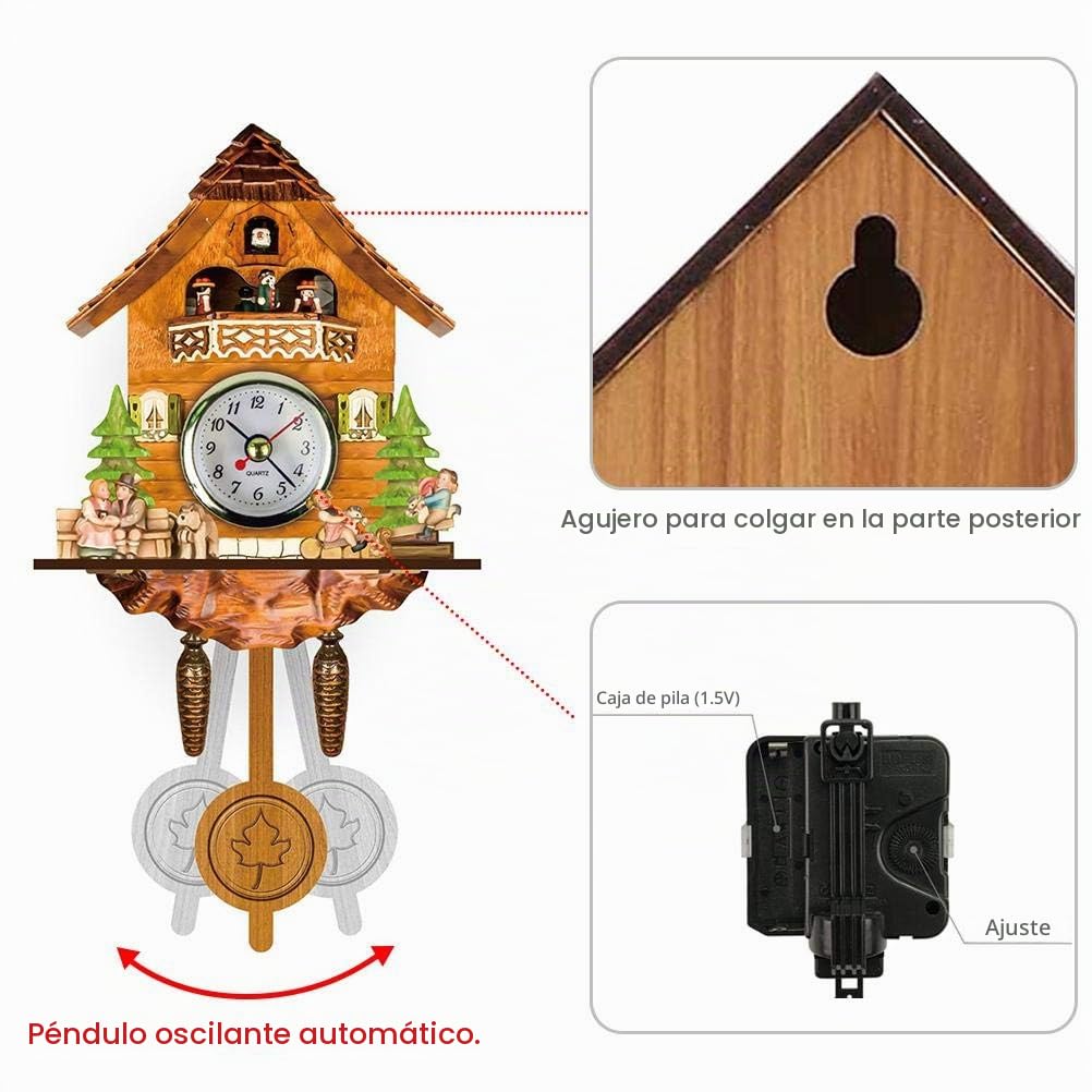 Hidyliu Reloj de cuco de madera envejecida con diseño de casa de pájaros para decoración del hogar, reloj de cuco colgante, campana, péndulo, decoración del hogar