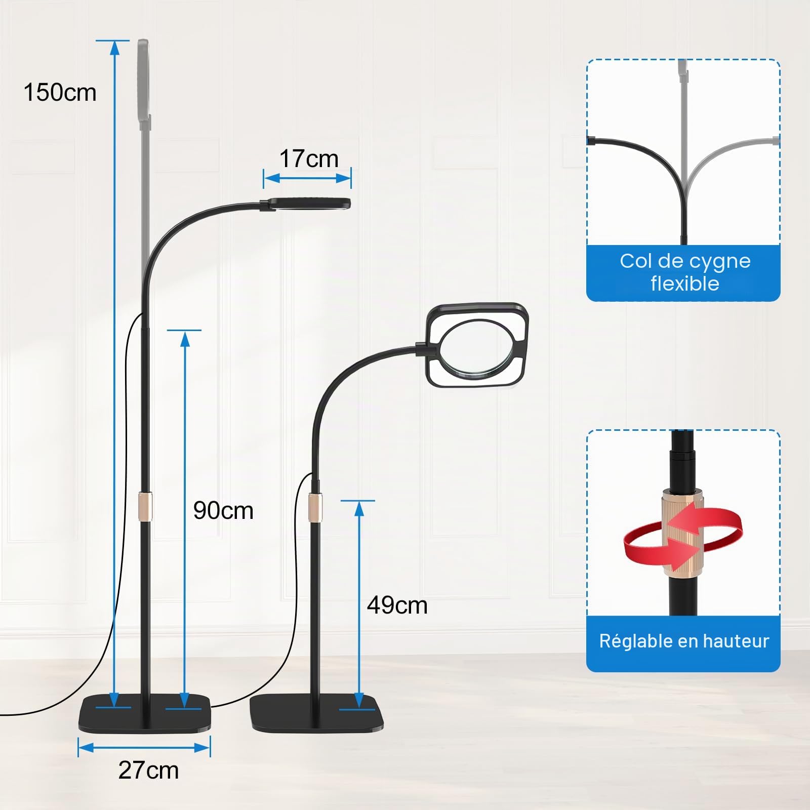 Loupe avec lumière et support - Lampe sur pied 8 LED avec 3 réglages de température de couleur - Lampe loupe avec 56 LED à intensité variable pour la lecture, les personnes âgées, les loisirs créatifs