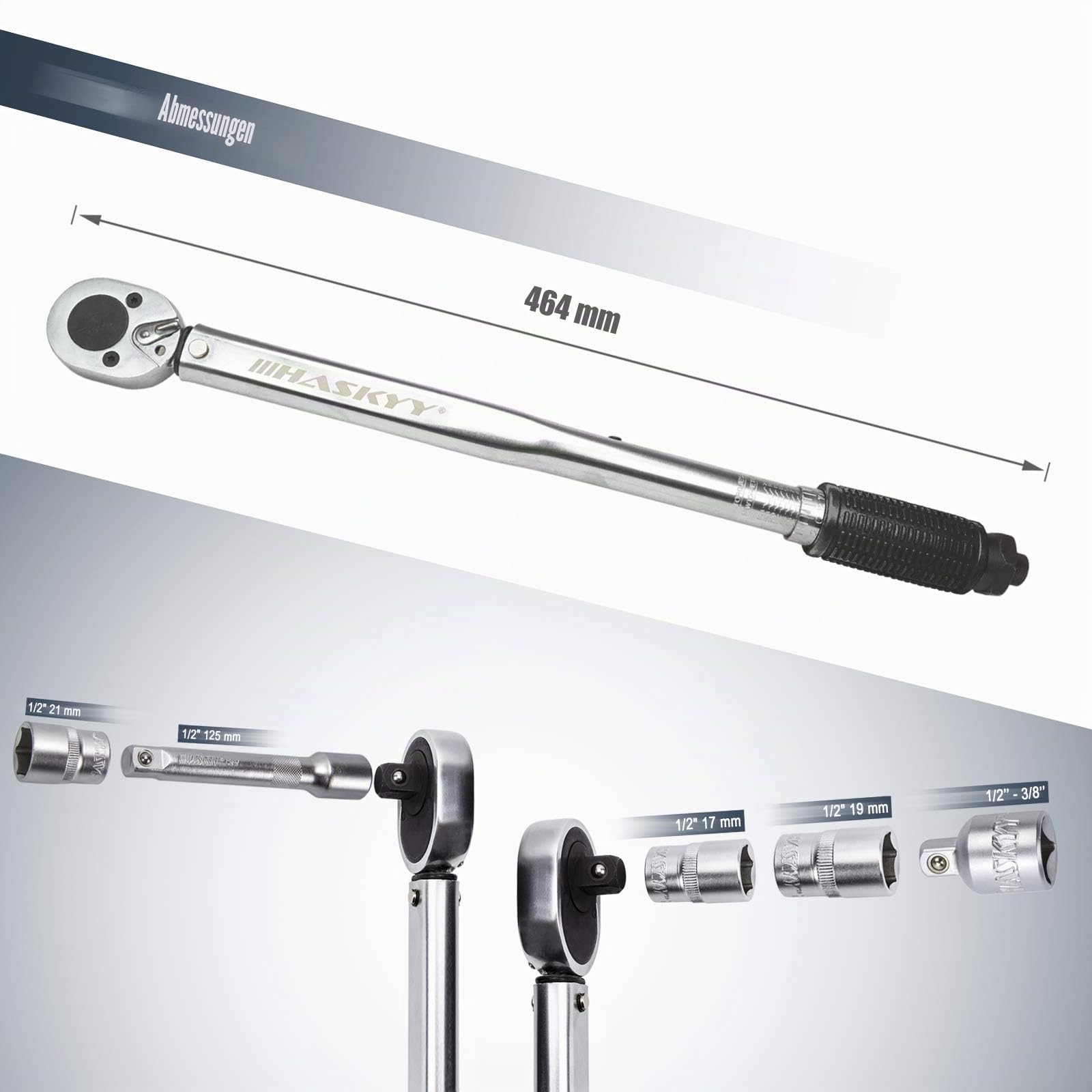 HASKYY Drehmomentschlüssel 28-210 Nm 1/2" Radschrauben-Radmuttern-Schraubenschlüssel inkl. Verlängerung & Radschrauben-Stecknüsse 17mm-19mm-21mm