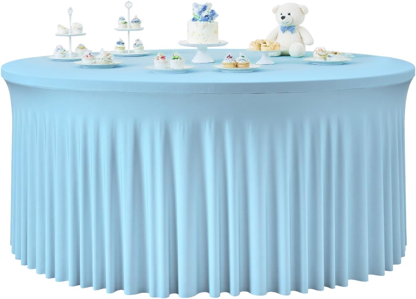 2 Pack White Round Tablecloths for 5 FT Round Tables, Stretchy Spandex Fitted Tables Cloth with Table Skirt, Wrinkle Free Table Cover Stitch Circle Tablecloth for Party Wedding Birthday Outdoor Event