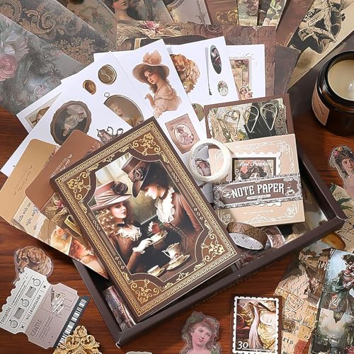 Image of VIBE VISTA Vintage Aesthetic Scrapbook Kit,346 Pcs,A6 Grid Notebook,Washi ,Envelopes, Scrapbook Papers, Folding Labels, Background Papers, Photo Frames, Calendar Stickers, Stickers (Vitorian Brown)