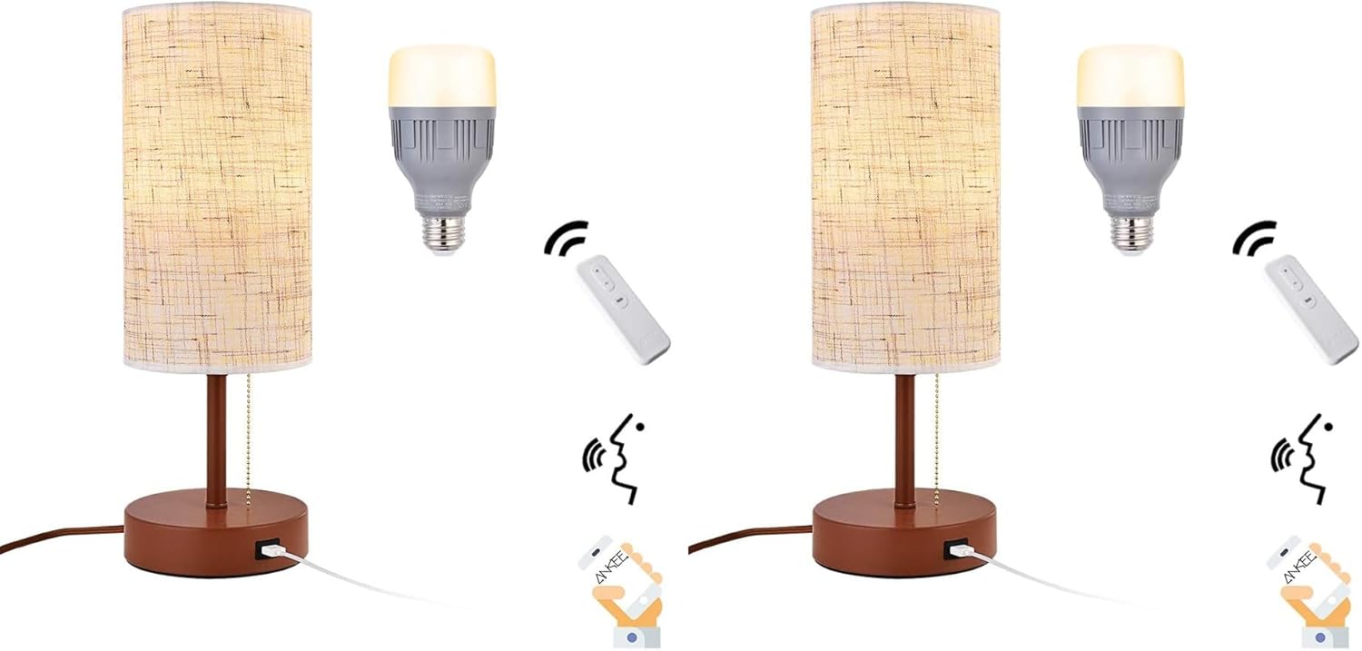 ANKEE Smart Bedside lamp, Nightstand Lamp with WiFi Smart Light Bulb and USB Charging Port, Metal Base Table Lamp Minimalist Design Desk Lamp Ideal for Bedroom, Living Room, Guest Room (Pack of 2)