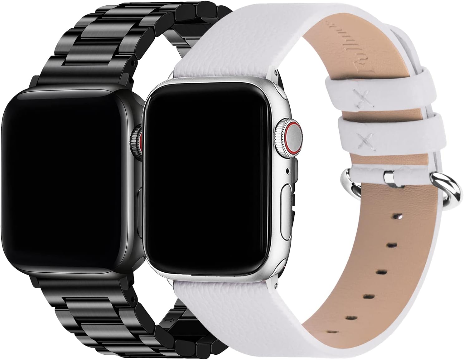 Fullmosa Compatible Stainless Steel Apple Watch Band 44mm/45mm/42mm Black with Case & Compatible Leather Apple Watch Band 44mm/45mm/42mm, White