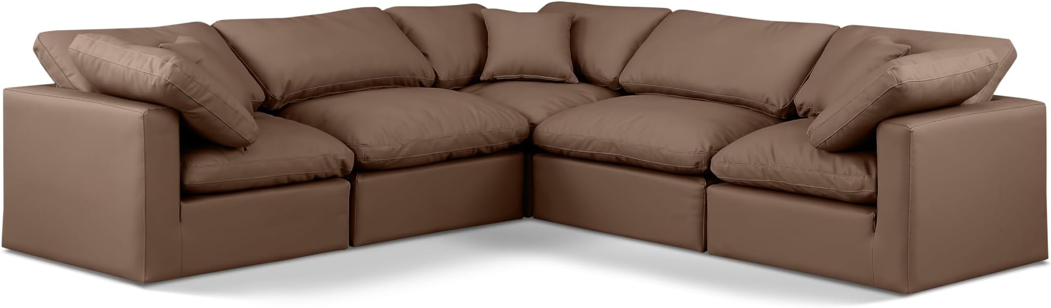 Meridian Furniture 146Brown-Sec5C Indulge Collection Modern | Contemporary Modular Sectional with Soft Brown Durable Vegan Leather, Fiber-Filled Cushions, Modular, 105" W x 105" D x 32" H, Brown