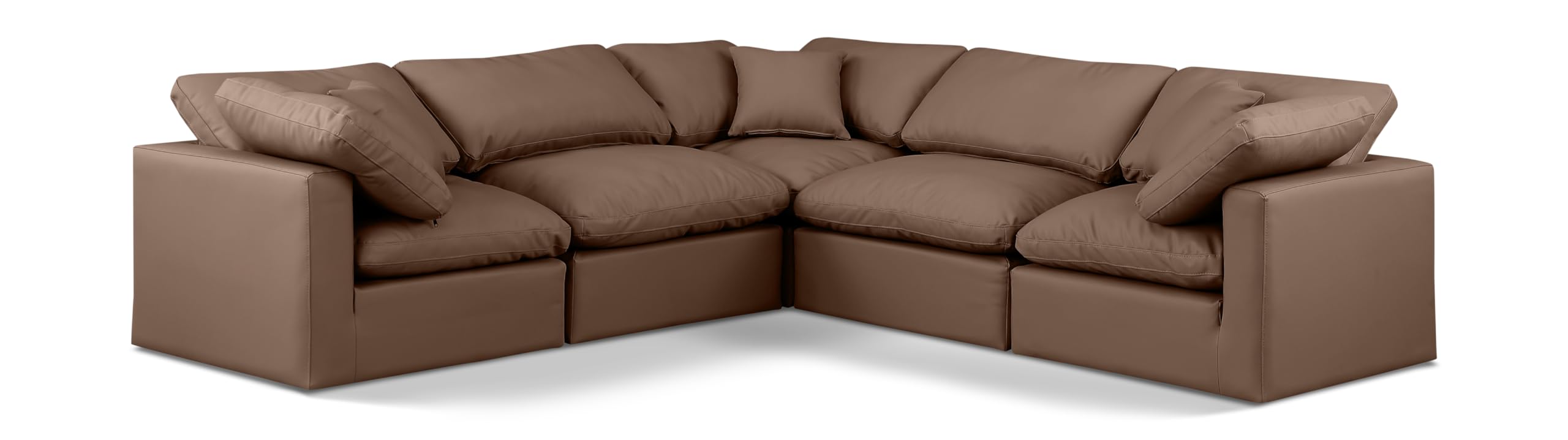 Meridian Furniture 146Brown-Sec5C Indulge Collection Modern | Contemporary Modular Sectional with Soft Brown Durable Vegan Leather, Fiber-Filled Cushions, Modular, 105" W x 105" D x 32" H, Brown
