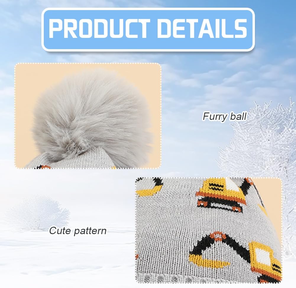 Kids Beanie with Earflap for Boys Girls Pom Pom Knit Hats Fleece Lining Winter Outdoor Snow Ski Skull Cap Age 2-10