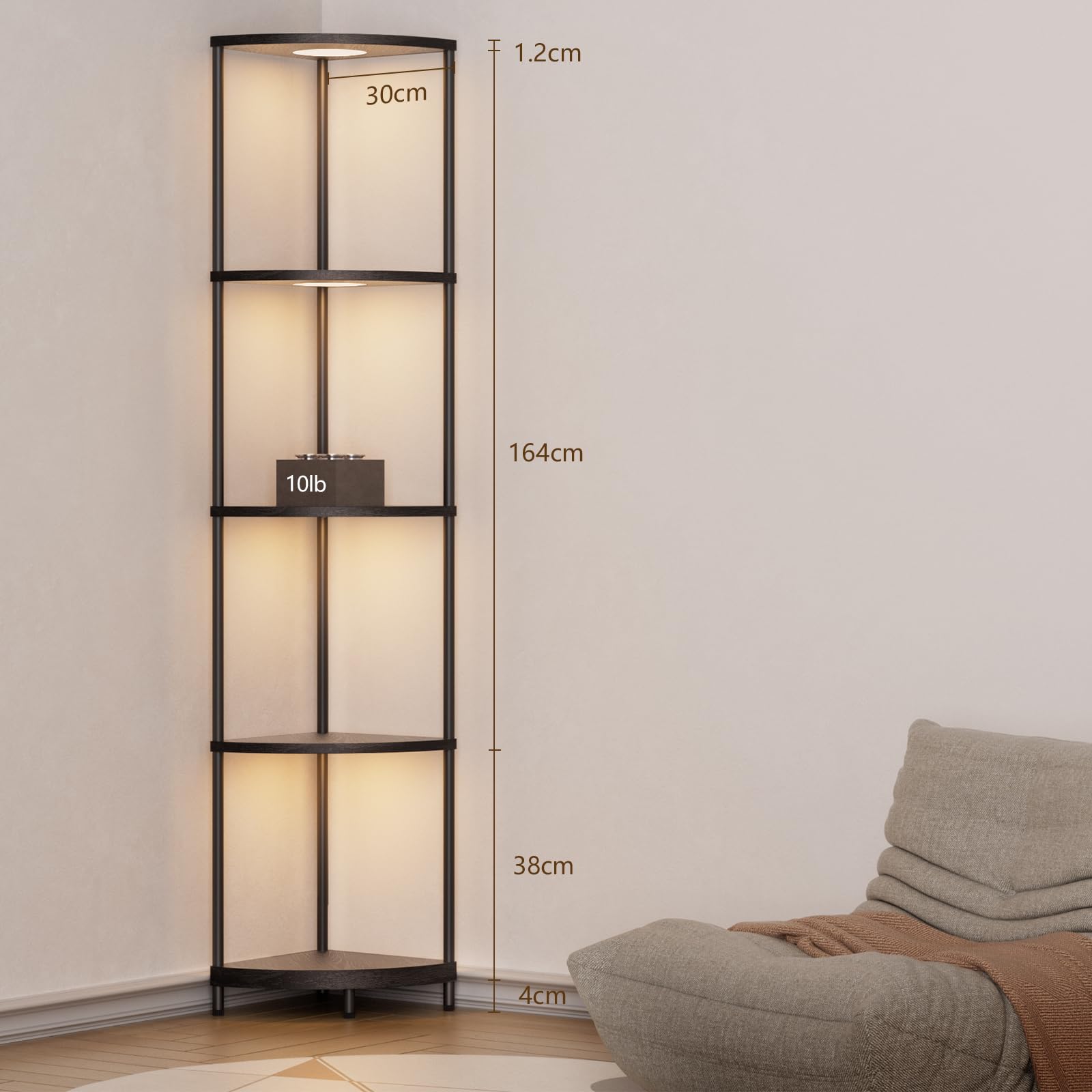 Stehlampe mit Regal Dimmbar 2700K-6500K stehlampe wohnzimmer 4 Farbtemperaturen 6 Farben Standleuchte mit 4 Holzregal und Fernbedienung für Schlafzimmer Ecke Wohnzimmer Büro