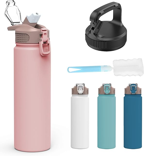 Vacuum Insulated Bottle 750 ML Stainless Steel Water Bottle with Straw FIIO BPA Free Leakproof Insulated Water Bottle with 2 Different Lids Perfect for Work Gym Travel(Pink)